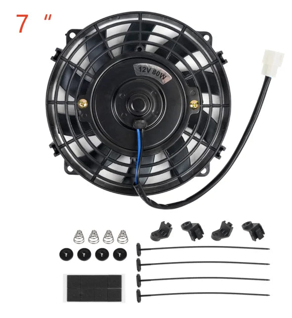 Universal 7/9/10/12/14/16 Inch 12V 80W 2100RPM Car Air Conditioning Cooling Fan Blade Cool Mounting Kit CF-1001 Black CF-1001