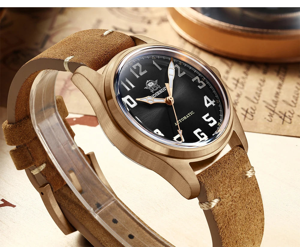 ADDIESDIVE 39mm Vintage CuSn8 Bronze Diver 200m Men's Watch Bubble mirror sapphire glass Automatic Mechanical Leather Strap