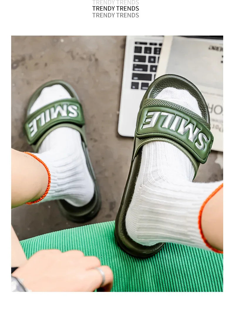 Men's Casual Slip-On Shoes Thick Bottom Air-Cushioned Slippers Magic Tape Simple High-End Summer Sandals EVA Material
