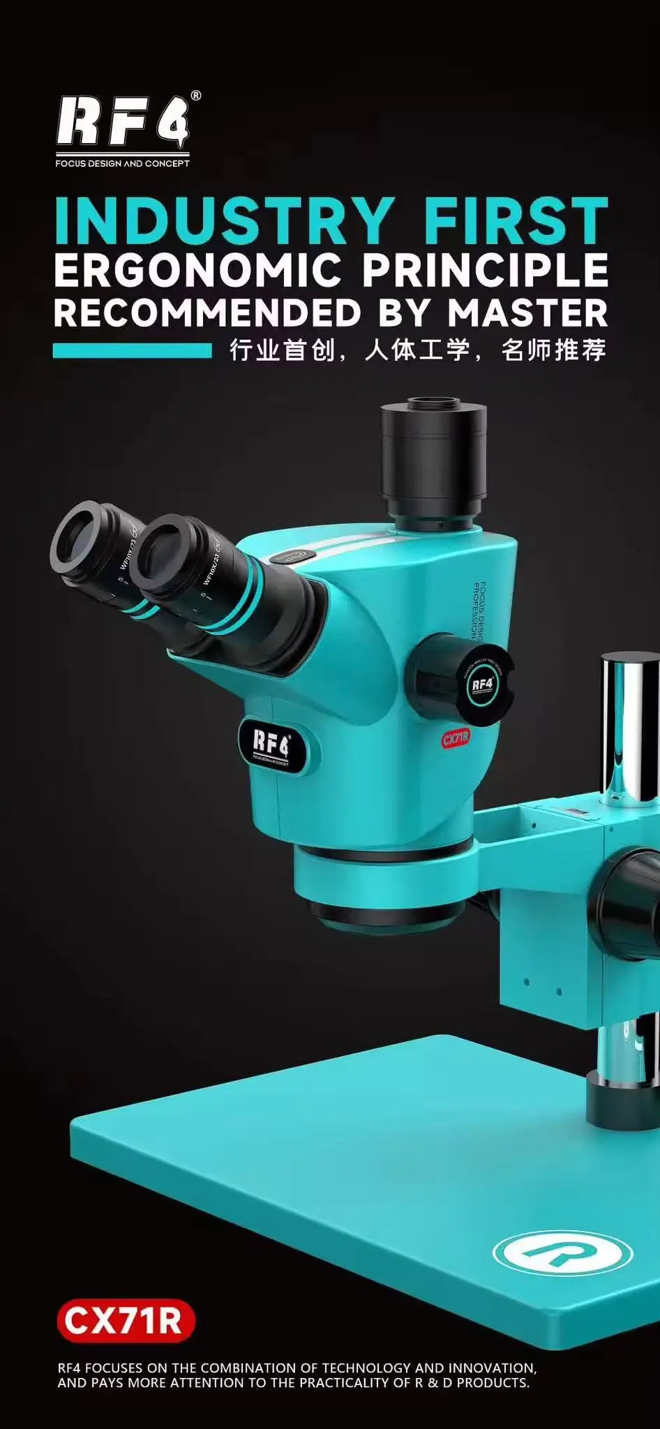 RF4 CX71R New Focus Trinocular Stereo Microscope 6.5x-65x 30°C Ergonomic Design 10X/23MM Eyepice for Phone Soldering PCB Repair