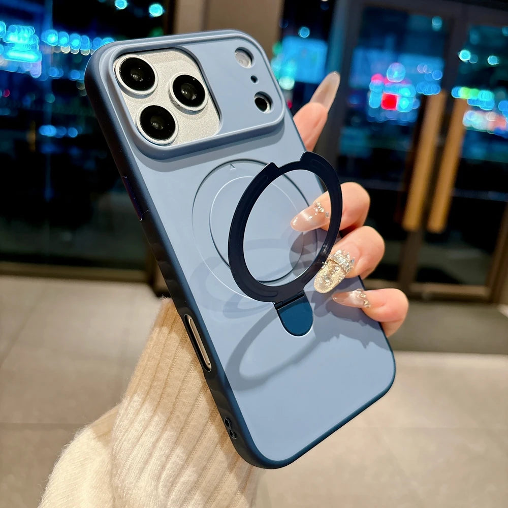 Luxury Skin Feel for Magsafe Phone Case For iPhone 17 16 13 15 Pro Max 14 Plus Magnetic Bracket Stand Anti-slip PC Cover