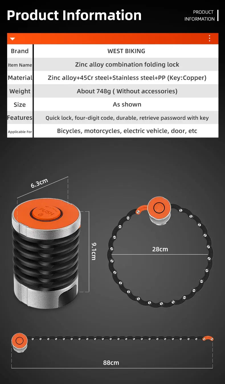 WEST BIKING Folding Bike Lock Combination Anti-theft Lock Portable E-Bike Heavy Duty Chain Lock Bicycle Cycling Accessories
