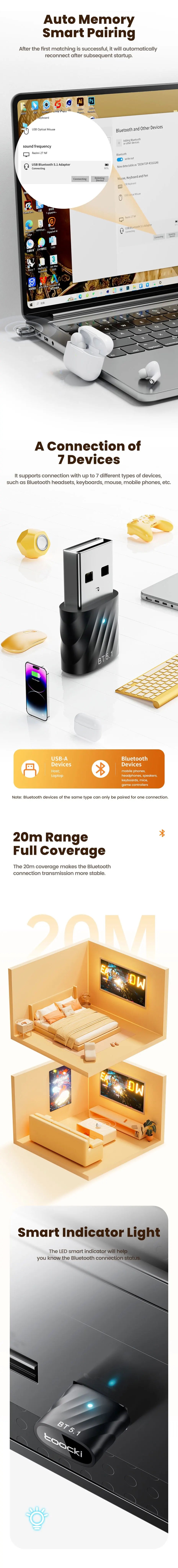Toocki USB Bluetooth5.1 Car Adapter Dongle Audio Receiver Speaker For PC Speaker Wireless Mouse Earphone Keyboard Music Transmit