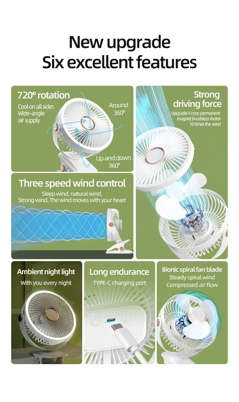 8000mAh Camping Fan Rechargeable Desktop Portable Air Circulator Wireless Ceiling Electric Fan With LED Light Clip-on Home Fan