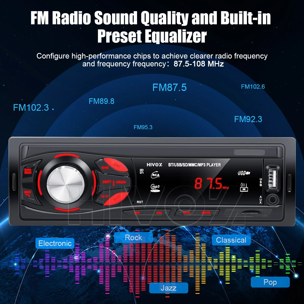 HIVOZ Car Radio Audio 1 Din Bluetooth Stereo Hands-Free Calling MP3 Player FM Receiver With AUX/USB/TF Card In Dash Kit