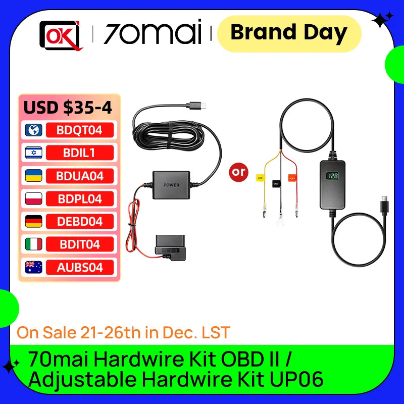 70mai Dash Cam Hardwire Kit OBD-II &  Adjustable Hardwire Kit UP06 for Car DVR Type-C Interface Plug-and-Play Parking Model