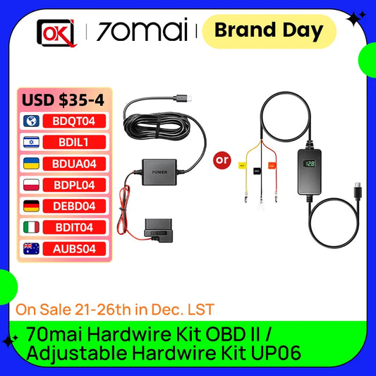 70mai Dash Cam Hardwire Kit OBD-II &  Adjustable Hardwire Kit UP06 for Car DVR Type-C Interface Plug-and-Play Parking Model