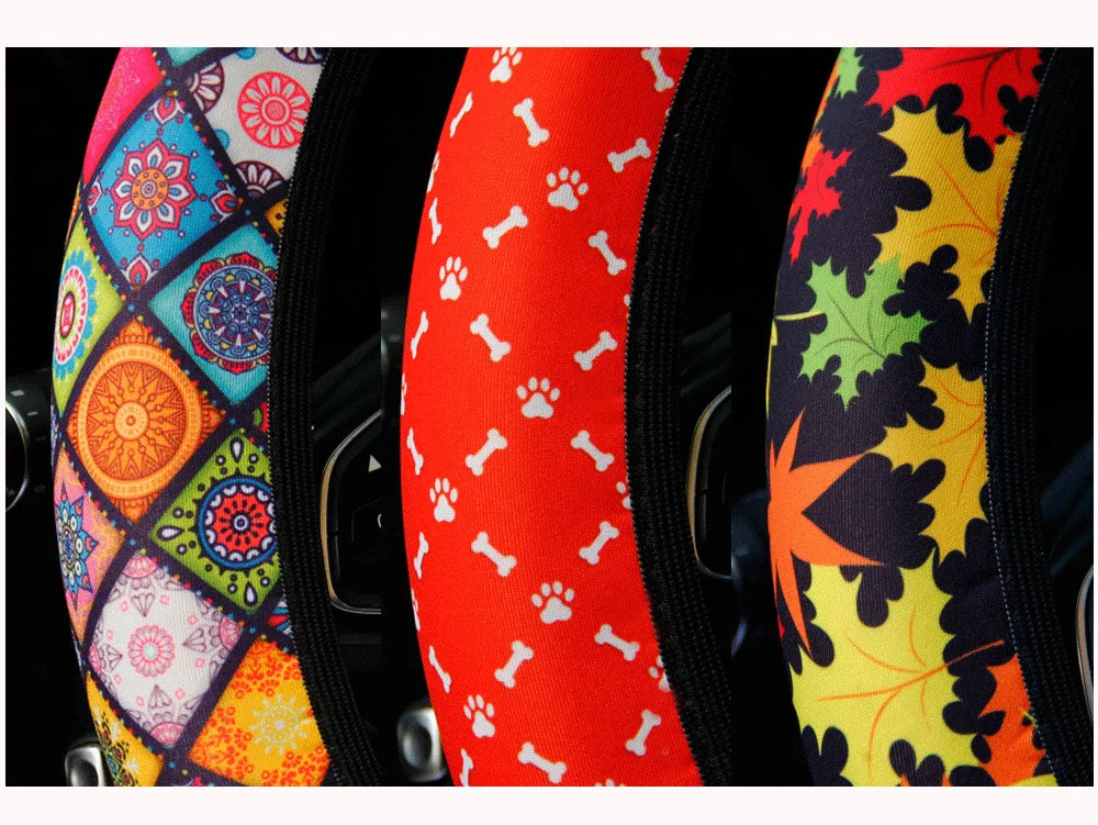 38cm Elastic Car Steering Wheel Cover Ethnic Style Print Anti-slip Car Steering-wheel Cover Car Interior Accessories Car Styling