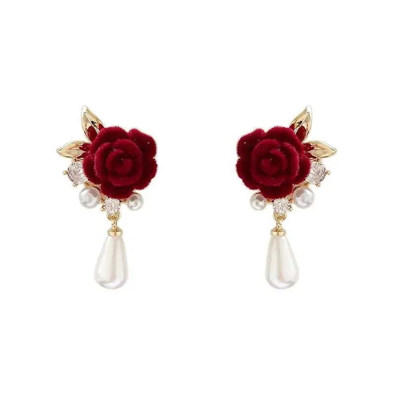 2024 New Wine Red Velvet Rose Pearl Earrings for Women Vintage Red Rose Elegant High-end Studs Earrings Jewelry Accessories