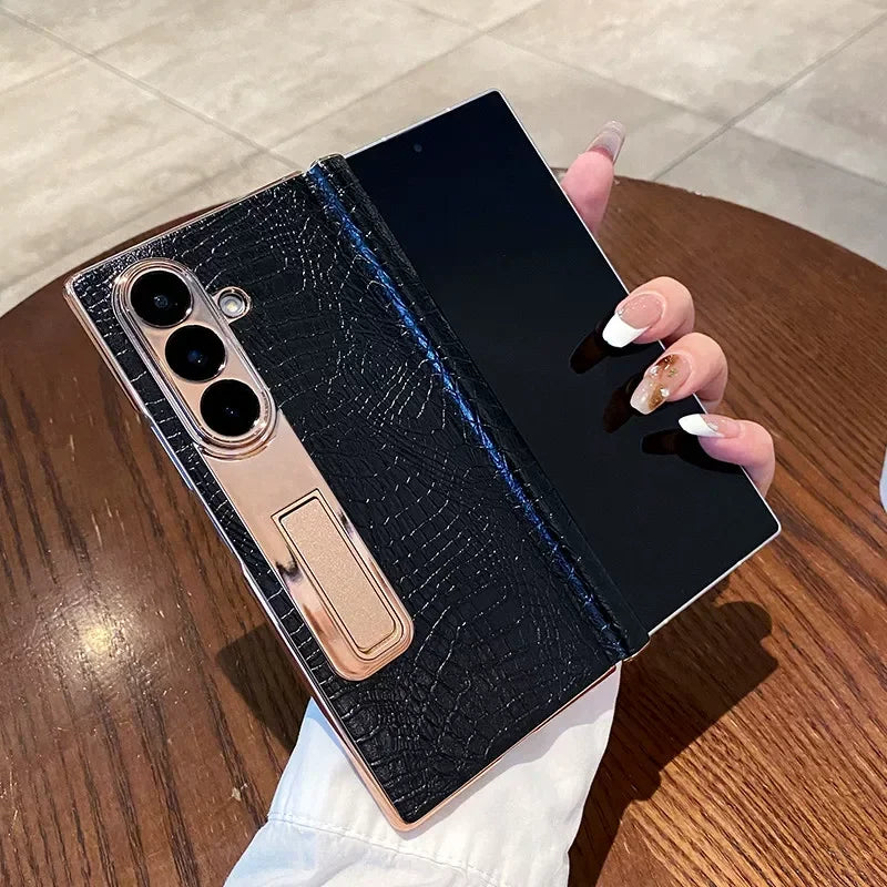 Luxury Leather Cover For Samsung Z Fold 7 6 5 Case Plating Stand Hinge Front Glass Screen