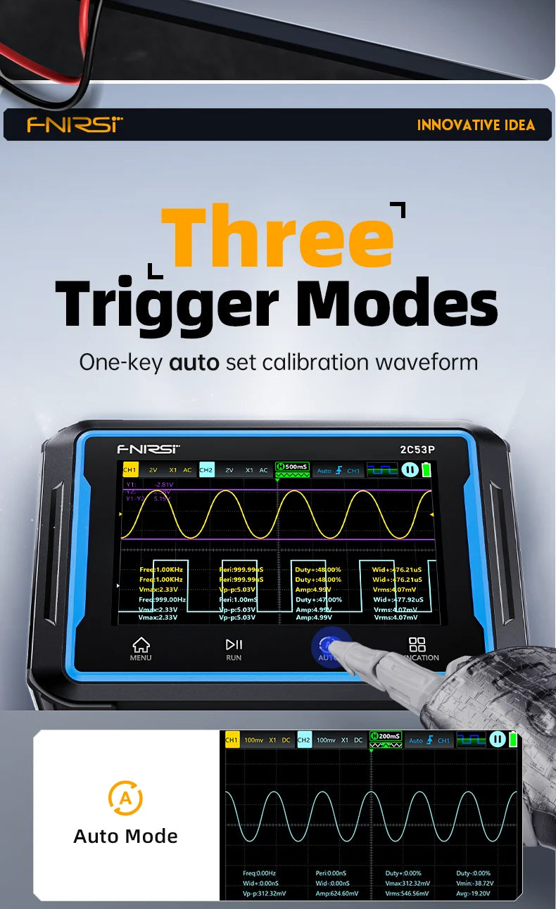 FNIRSI 2C53P Touch Screen Portable Digital Oscilloscope Multimeter Signal Generator 3in1 2 Channel 50MHz 250Ms/S 19999 Counts