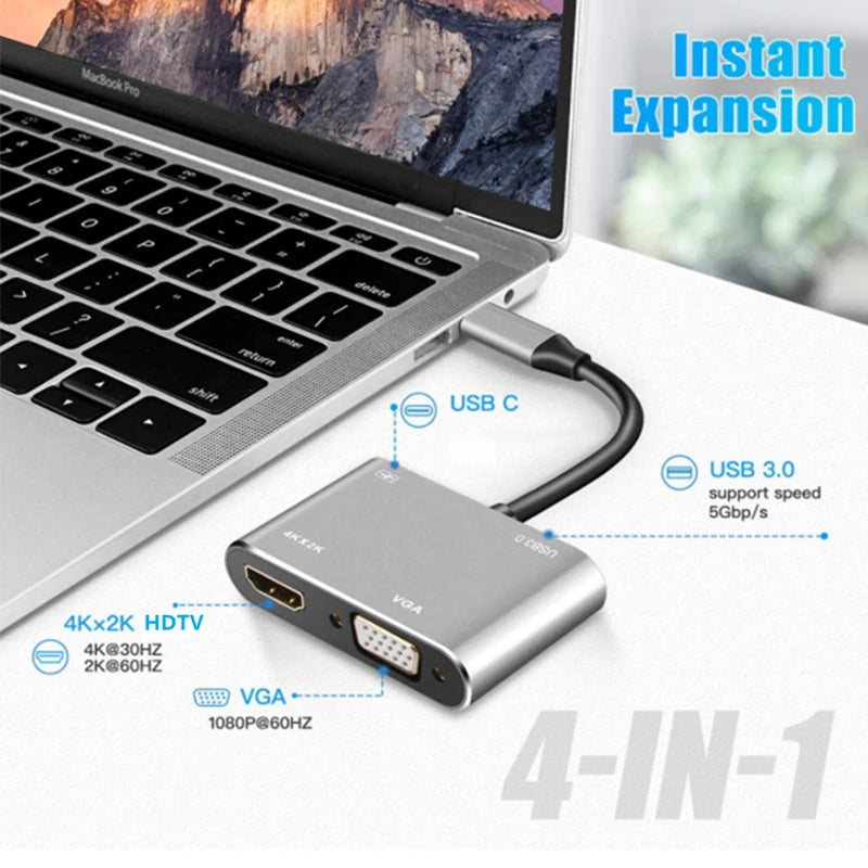 USB C Hub 4 in 1 Type C 3.0 Adapter to 4K HDMI HDTV VGA USB 3.0 PD Fast Charge Splitter for MacBook Notebook Laptop Computer