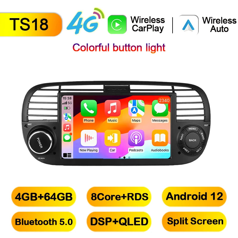 Junuse 7" Wireless Android Auto Carplay For Fiat 500 2007~2015 Android 13 Carplay GPS Navigation Multimedia Player White Black