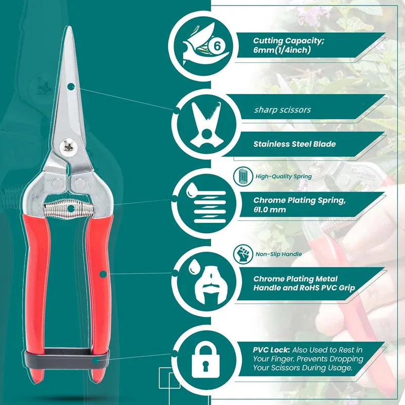Gardening Hand Pruners - Micro-Tip Pruning Snips & Straight Florist Scissors | Leaf Trimmer Shears for Plant Care