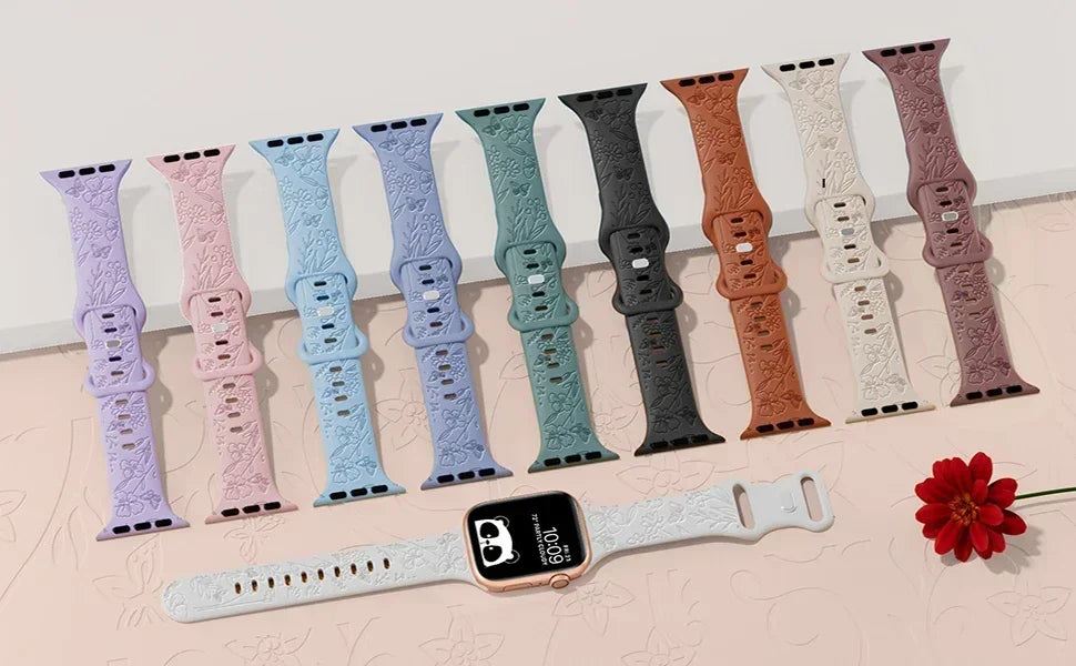 Floral Engraved Strap For Apple Watch Band 40mm 44mm 41mm 49mm 45mm 38mm 42mm silicone bracelet iwatch series 9 7 se 6 8 ultra 2