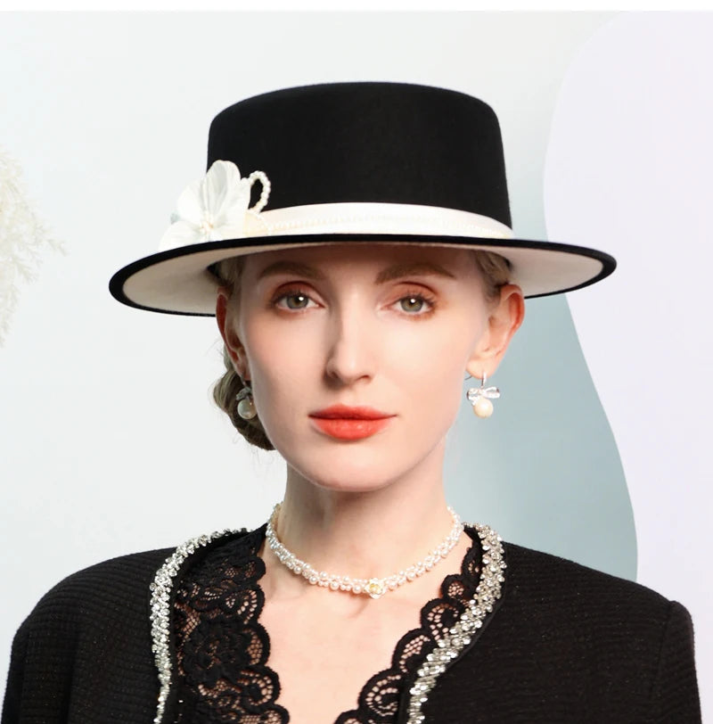 Women's Black/White Flat Top Wool Felt Fedora Hat with Flower Faux Pearl Detail Winter Dress Cap Stylish French Millinery