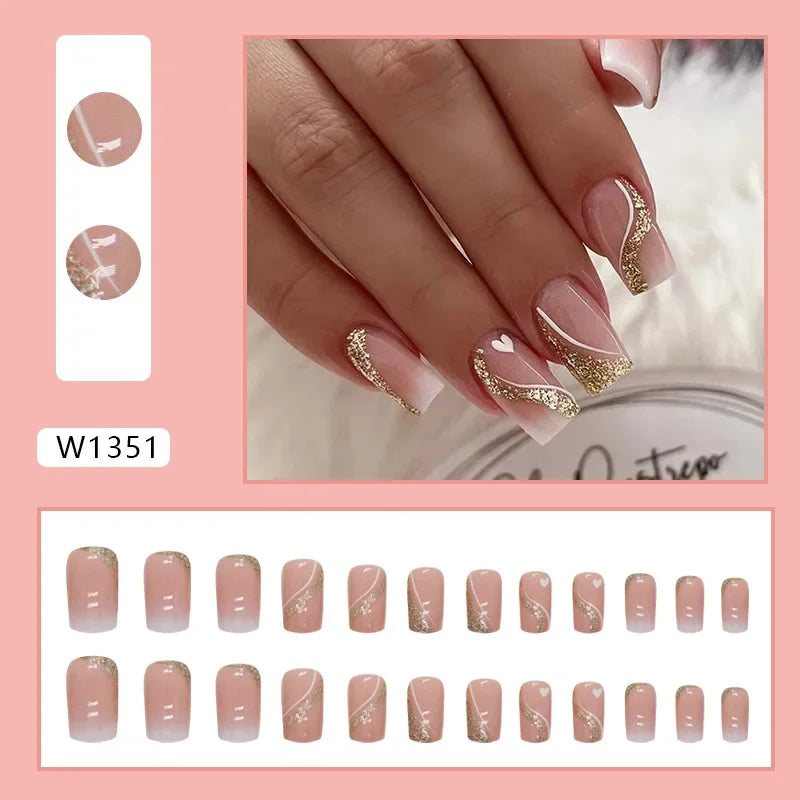 Gold Pink Wine Red 24 Pcs Fake Nail with Jelly sticker Press on False Nails Wearable Round Head Oval Full Cover Nail Tips