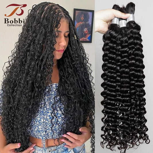 100% Human Hair Bulk for Braiding 1 Bundle Deep Wave Curly Natural Black Indian Remy Boho Braids Hair Bulk Extension Bobbi