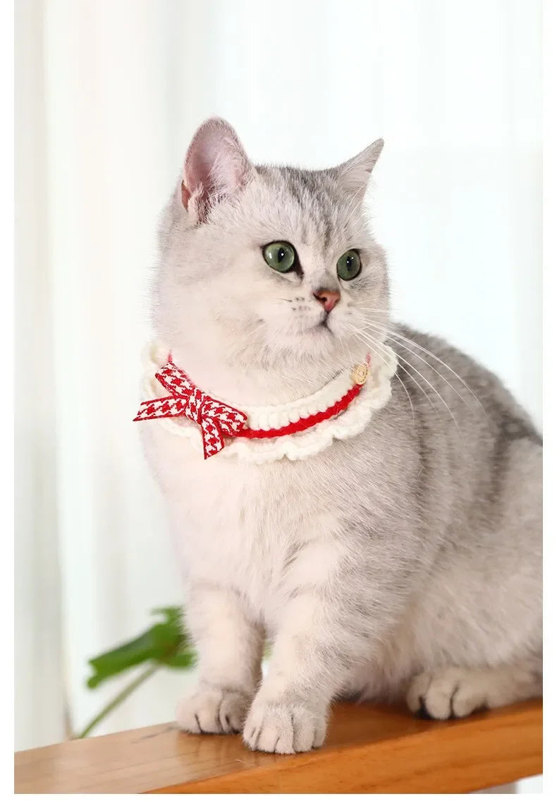Cute Bow-knot Hand-knitted Saliva Towel  Kitten Cat Puppy  Adjustable Collar Pet Decorative Dog Cat Collar Pet dog Accessories