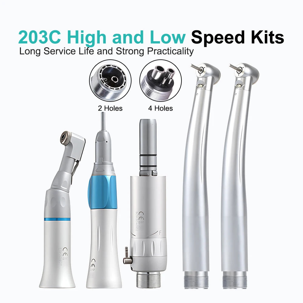 5Pcs/Set Dental High And Low Speed Handpiece Kit Push Putton 1:1 Contra Angle Air Motor Standard High Speed Handpiece With LED