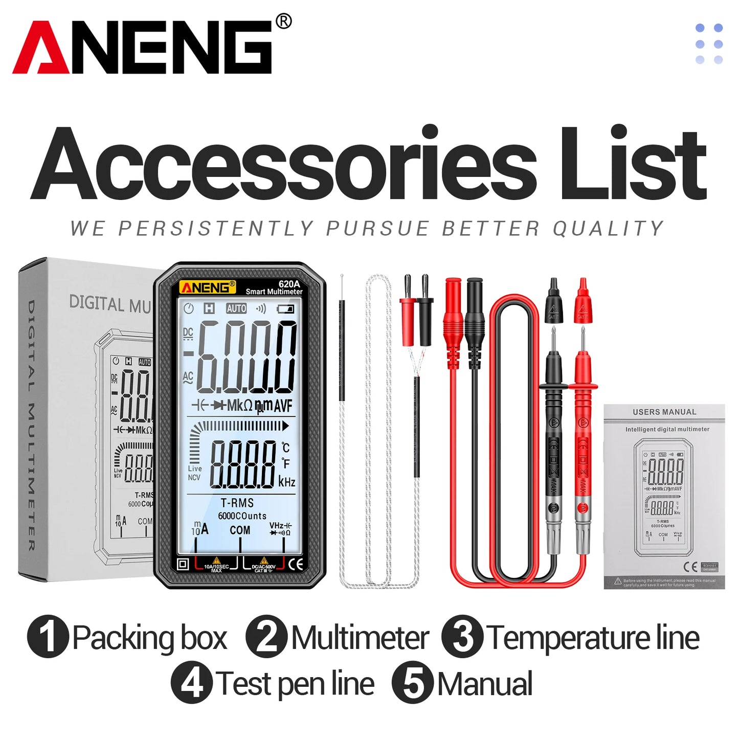 ANENG 620A High Precision Counts Auto Resistance Tester Digital Multimeter True RMS 6000 Manual Ranging Voltage Current