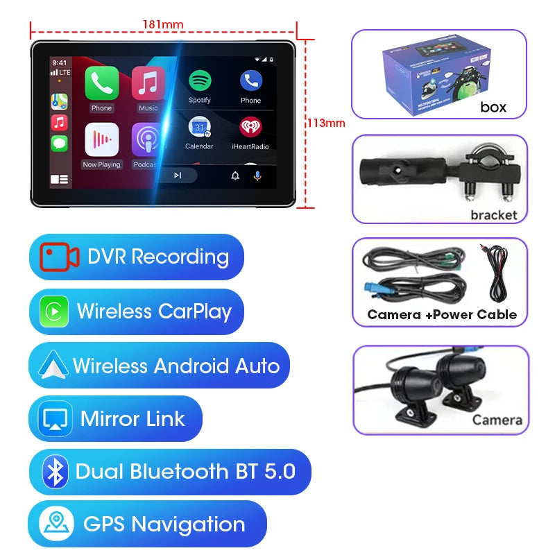 Srnubi 7 inch Portable Motorcycle DVR LCD Display GPS IPX7 Waterproof For Wireless Apple CarPlay Android Auto Airplay Monitor