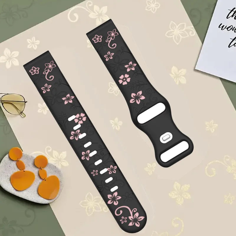 Two-color Flower Design Floral Engraved Silicone Strap 18/20/22mm, For Amazfit GTR, Huawei,Garmin Samsung Galaxy Watch 7 6 5 4