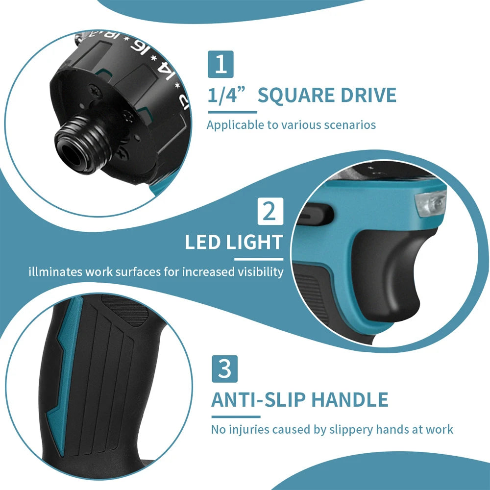 1000W Cordless Electric Screwdriver 20+1 Torque 1/4inch Brushless Electric Drill Power Tool for Makita 18v Battery 280N.m