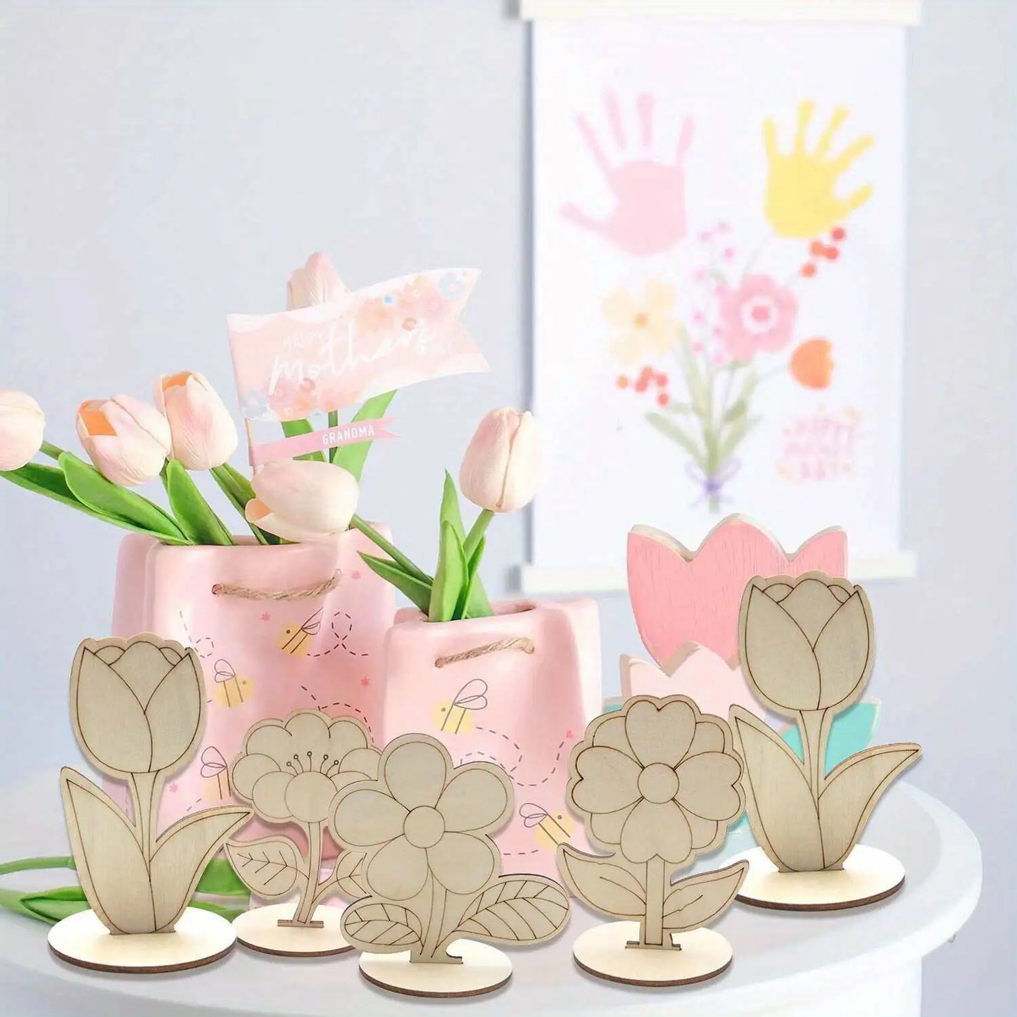 6Pcs/Set Rose/Lily/Sunflower Wooden Ornament Wood DIY Painting Crafts For Spring Happy Easter Party Table Decoration Supply