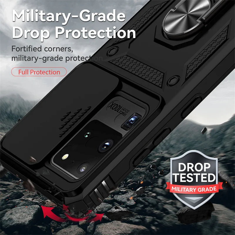 Silde Lens Armor Shockproof Phone Case For Samsung Galaxy S20 Ultra S20 Plus S 20 FE S20+ Magnetic Car Holder Ring Protect Cover