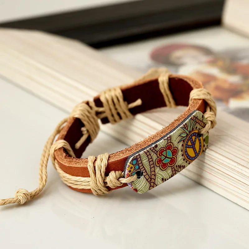 2024 Fashion Bracelets for Women Hippie Retro Leather Adjustable Bracelet HandMade Jewelry for Women Flower Print Rope Gifts