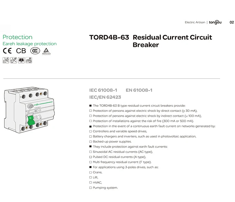 RCD RCCB Type B Earth Leakage Residual Current Circuit Breaker Evse 2P 4P AC 40a 63a 30ma 100ma 300ma 10KA Din Rail 230V TONGOU