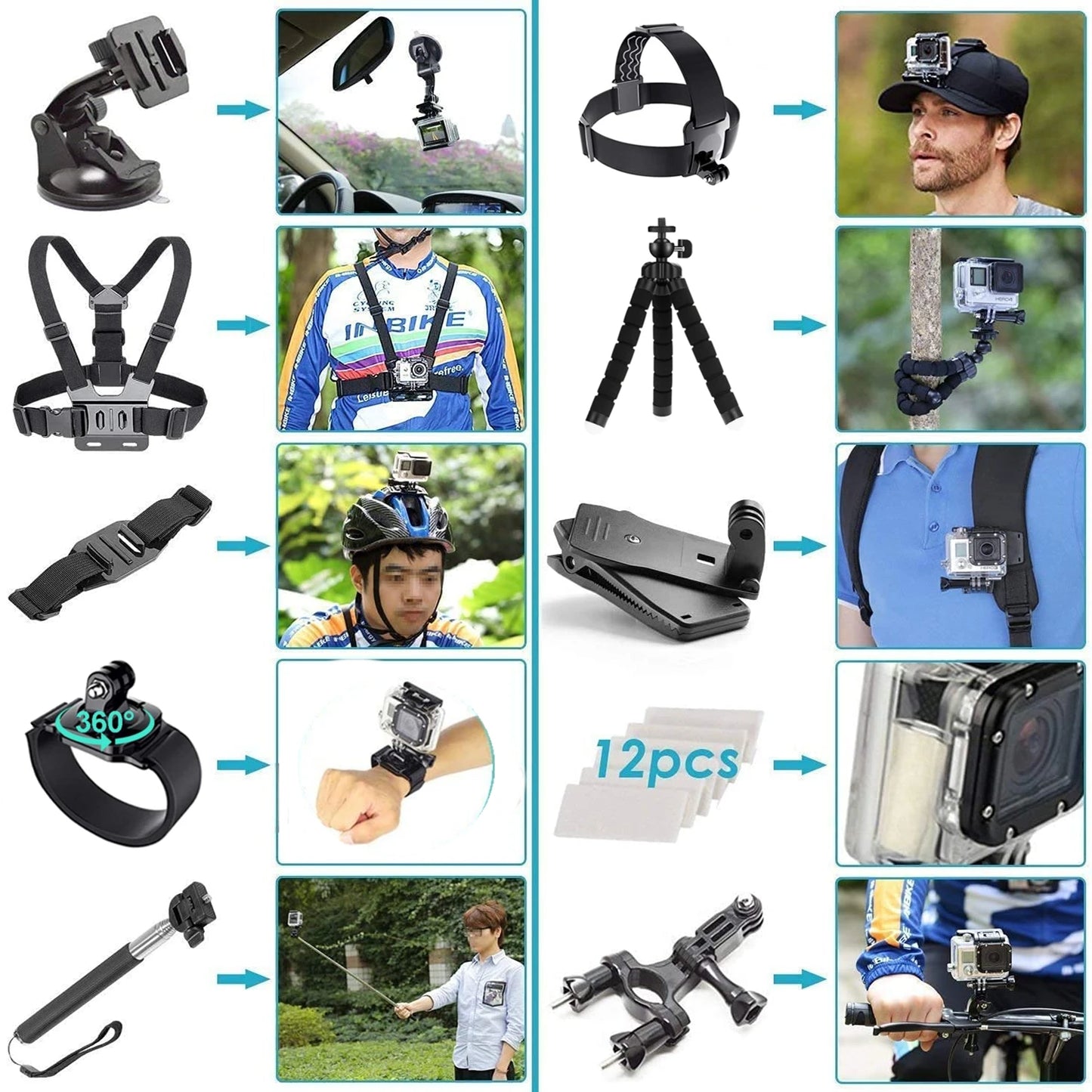 Action Camera Accessories Set For Gopro Hero13 12 11 10For Xiaomi Yi Insta360 X4 X3 Case Kit Strap Mount Selfie Stick Motorcycle