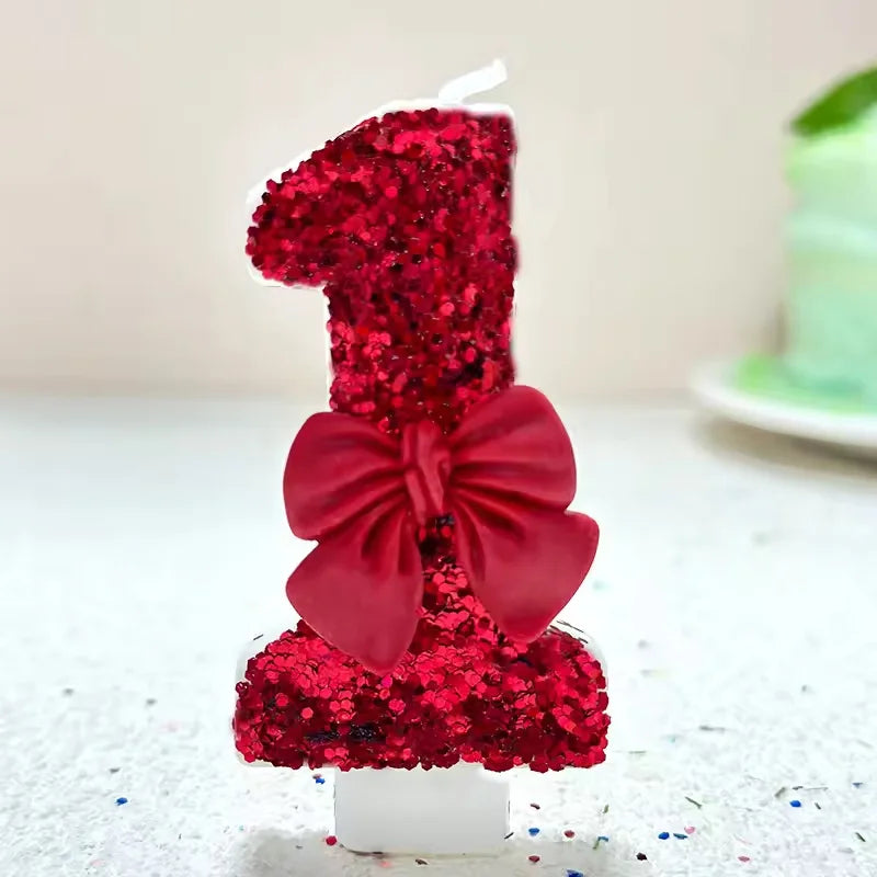 Sanrio 0-9 digit Birthday Candles,Lotus root pink bow tie with Glitter Sequins,  Suitable for Birthday Party Cake Decoration