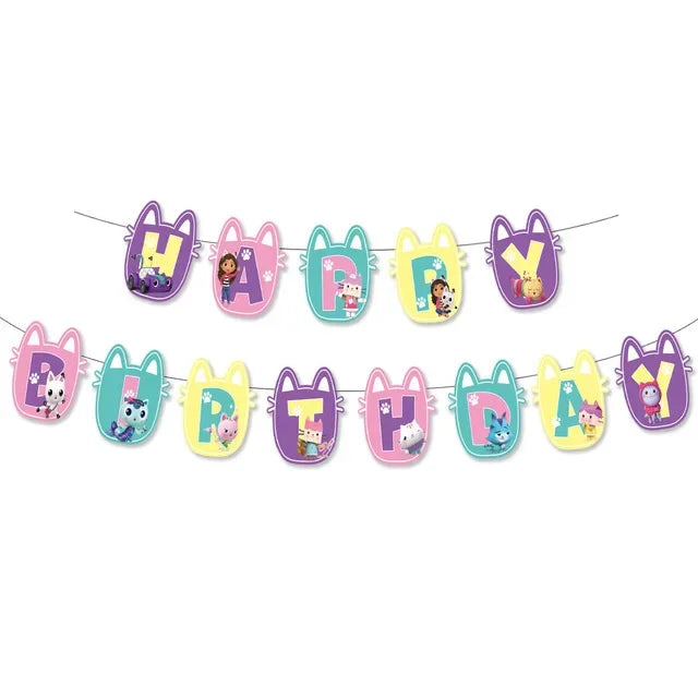 Disney Gabby Doll House Theme Birthday Party Flag Pulling Balloon Decoration Disposable Tableware Supplies