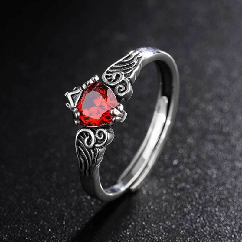 925 Sterling Silver Retro Heart Red Zircon Rings for Women Wedding Luxury Jewelry Angel Wing Crown Design Ladies Ring Gifts