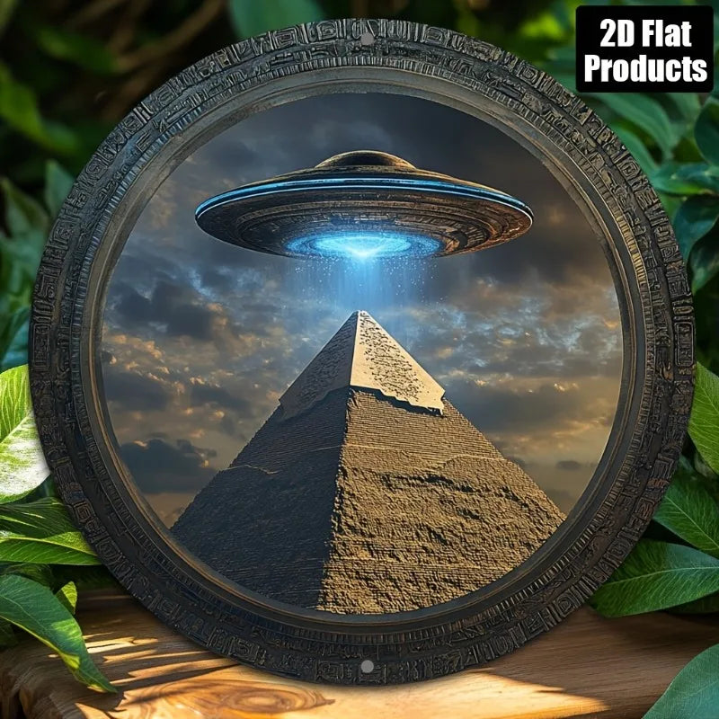 Pyramid UFO Theme Round Aluminum Metal Decorative Plaque Sign,Suitable for Bar Kitchen Cafe Home Office Decoration, Holiday Gift
