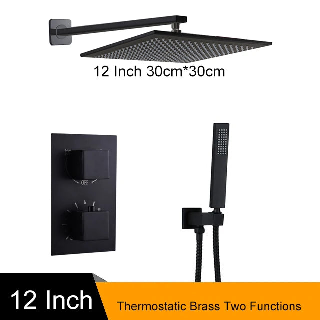 Matte Black Thermostatic Shower Faucet with Rainfall Head And Bathtub Spout Wall-Mounted Concealed Brass Shower  for Bathroom