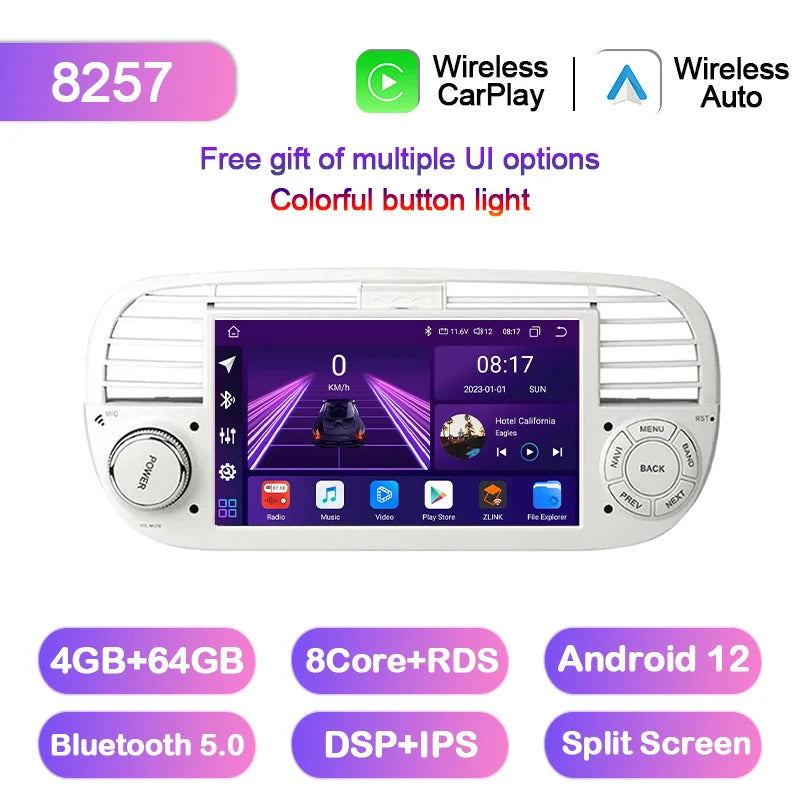 Junuse 7" Wireless Android Auto Carplay For Fiat 500 2007~2015 Android 13 Carplay GPS Navigation Multimedia Player White Black