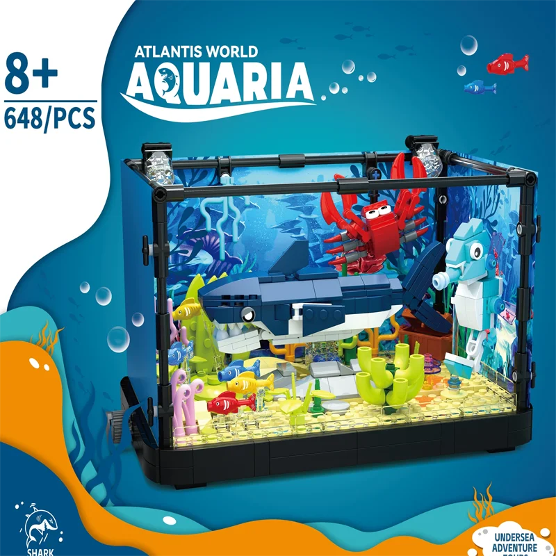 Idea Fish Tank Building Block Set with Light，Aquarium, Marine Life, Jellyfish And Turtle Ecological Tank, Toys For Boys And Girl