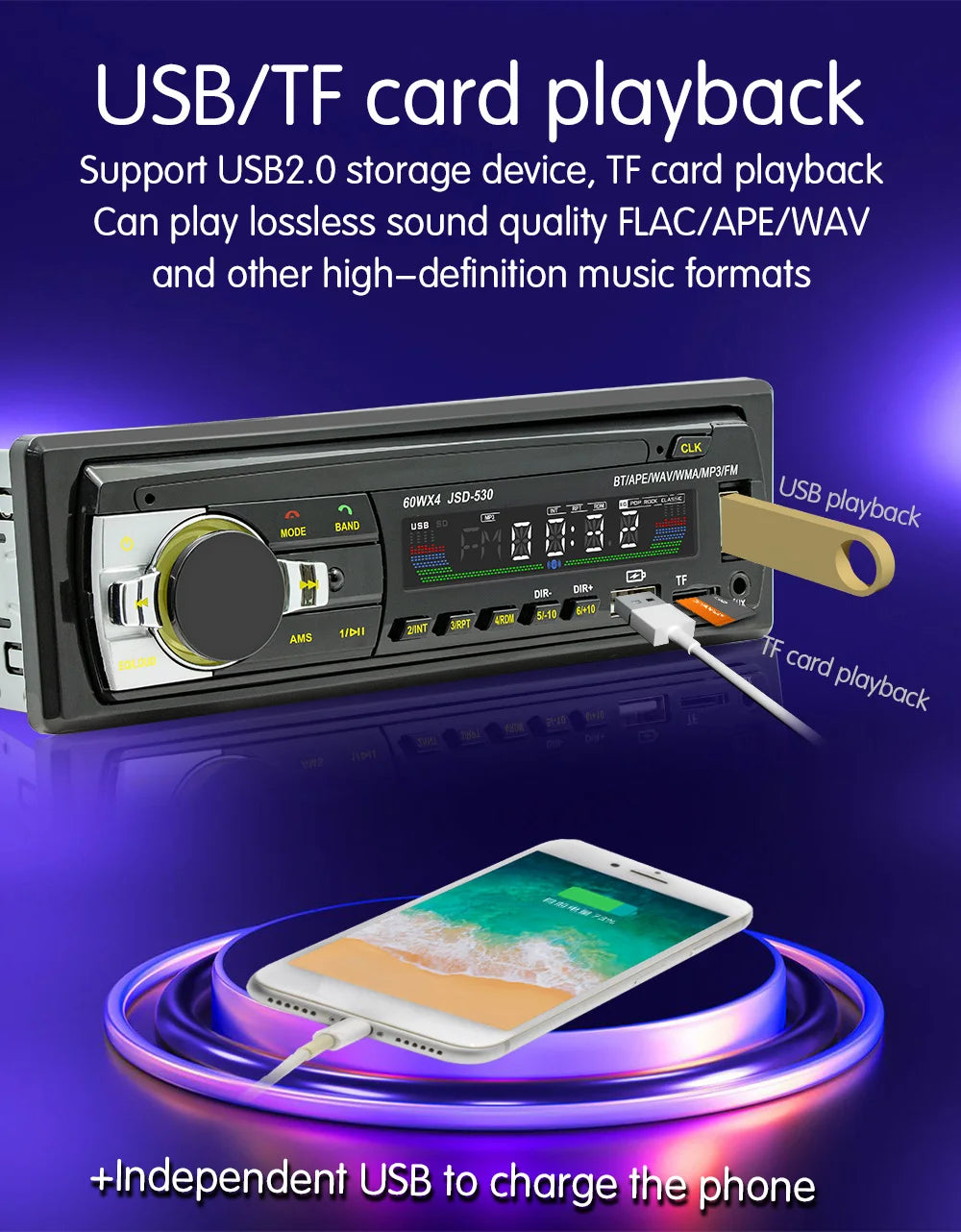 Car Radio Stereo Player Digital Bluetooth MP3 Player JSD-530 520 60Wx4 FM Audio Stereo Music USB/SD with In Dash AUX Input