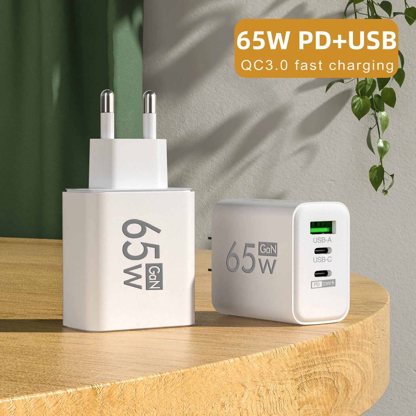 65W GaN USB PD Charger 3 Ports Fast Charging Type C Mobile Phone Adapter Quick Charger3.0 For iPhone 15 14 Samsung Xiaomi Huawei