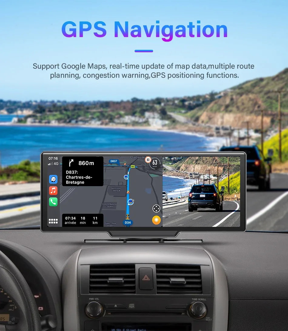 Jansite 10.26" 4K DVR Wireless CarPlay & Android Auto Dash Cam GPS Navigation 24h Park Monitor Night Vision Rear View Mirror