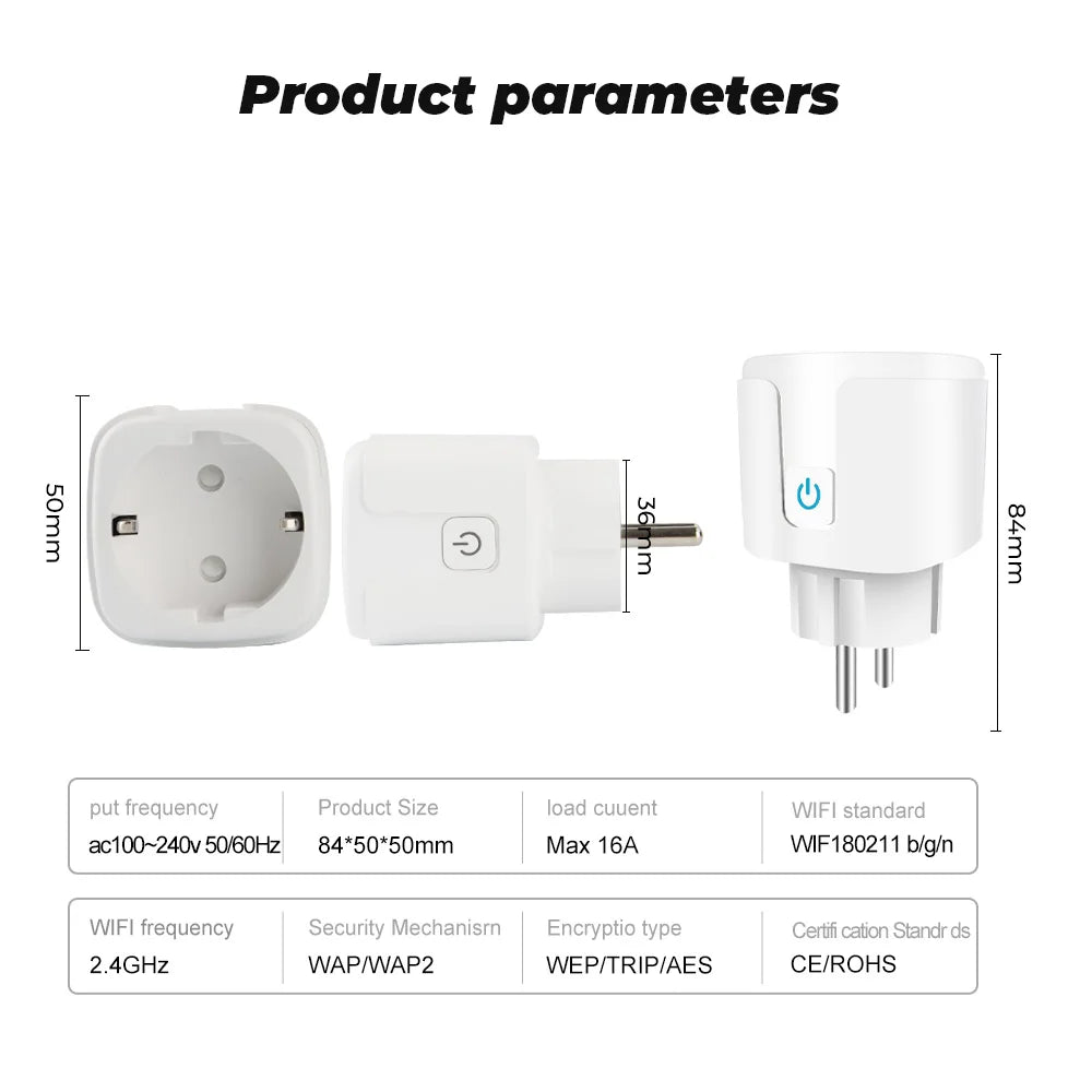 Tuya Smart Wifi Socket 16A/20A EU Smart Plug With Power Monitoring Smart Life APP Remote Control Support Google Assistant Alexa