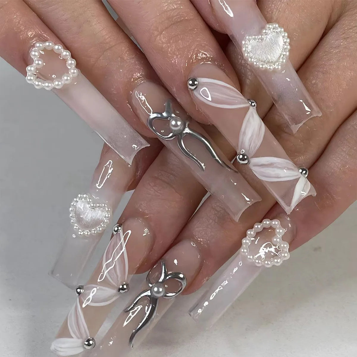 24Pcs Full Cover False Nails with Glue Long Square Coffin Fake Nails French Detachable Ballet Love Pattern Design Press on Nails