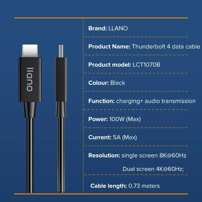 Llano Thunderbolt 4 Cable 2.3ft, 8K Display, 40Gbps Data Transfer, 100W Type-C Charging Cable