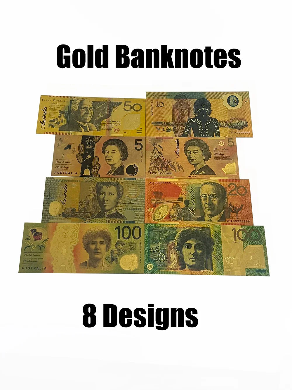 8 Designs  Australia 100 Dollar Gold Banknote Plated Colorful AUD100 Dollar Gold Foil Banknote Currency Collection