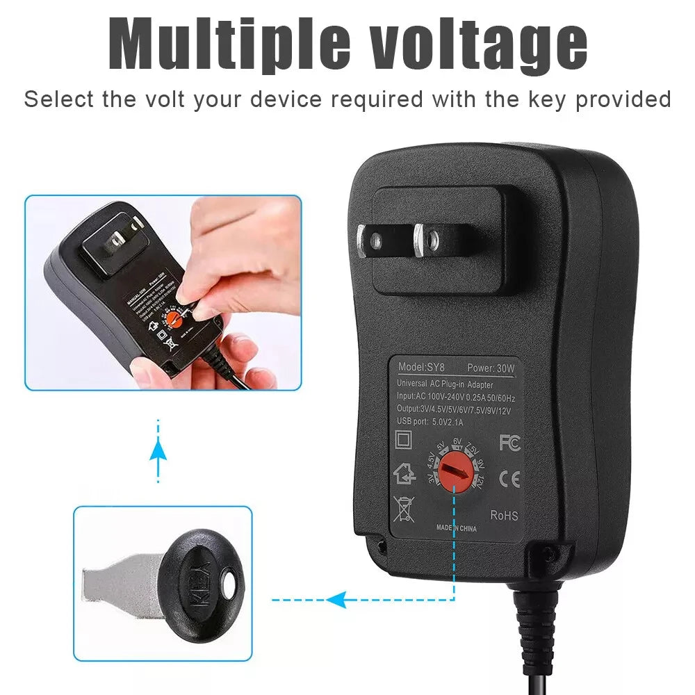 Power Adapter Universal Adjustable Voltage Power Supply AC/DC Adapter EU/US/AU /UK  Plug Charger 8Tip 30W