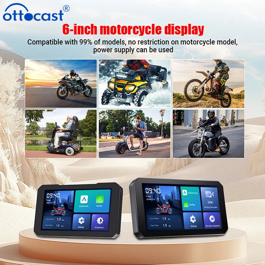 Ottocast 6.0 inch IP67 Waterproof Motorcycle GPS Navigation Wireless Carplay Android Auto DVR Drive Recorder Moto Monitor Wifi