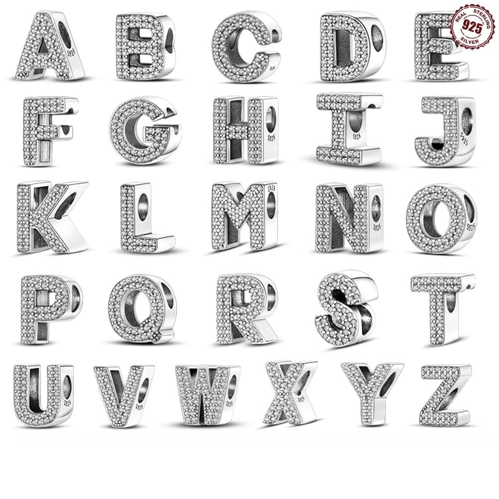 Real 925 Sterling Silver Charms Bracelets Classic 26 Letters Alphabet Charms Beads For Women Fine DIY Wedding Jewelry Gift